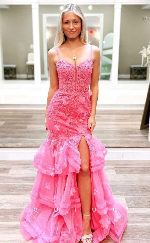 G4462 - Sexy & Cute Mermaid Column Strapless Sleeveless Eyelets Tulle Tiered Floor-Length Prom Party Dress with Slit Tunics Practical easy-care