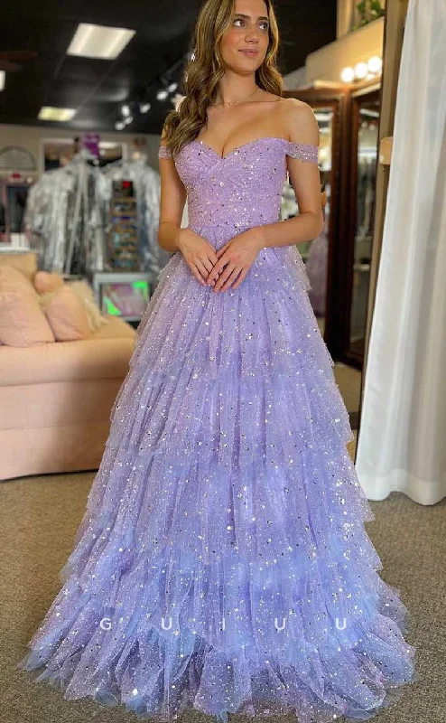 G4487 - Simple & Casual A-Line Off-Shoulder Sleeveless Purple Tulle Tiered Floor-Length Prom Party Dress with Allover Sequins Tunics Versatile stylish