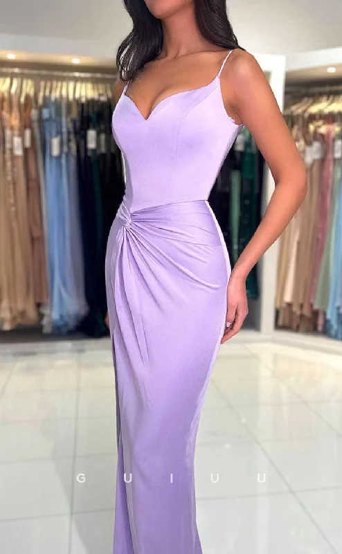 G4502 - Sexy & Hot Column Sheath V Neck Straps Ruched Prom Party Dress with Slit Tunics Trendy modern