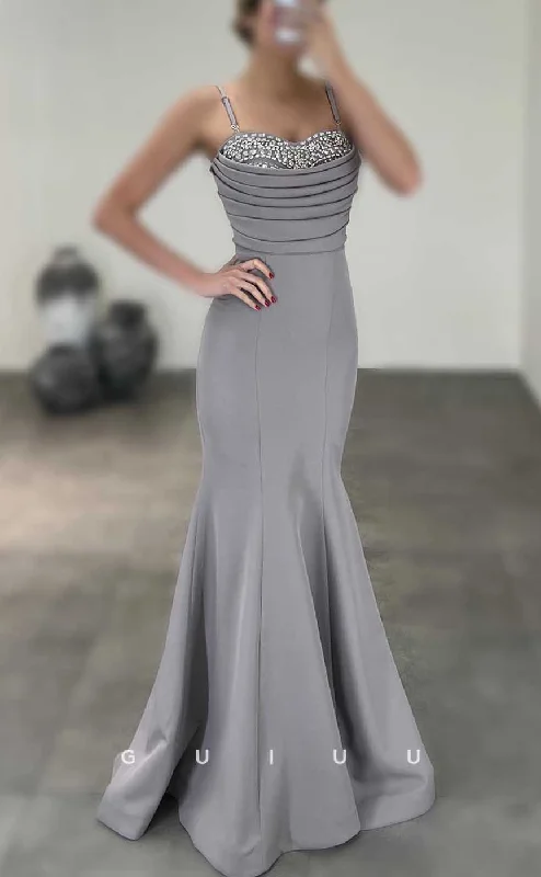 G4537 -  Elegant Mermaid Strapless Straps Sleeveless Crystals Pleats Stain Prom Party Dress Tunics Vintage classic