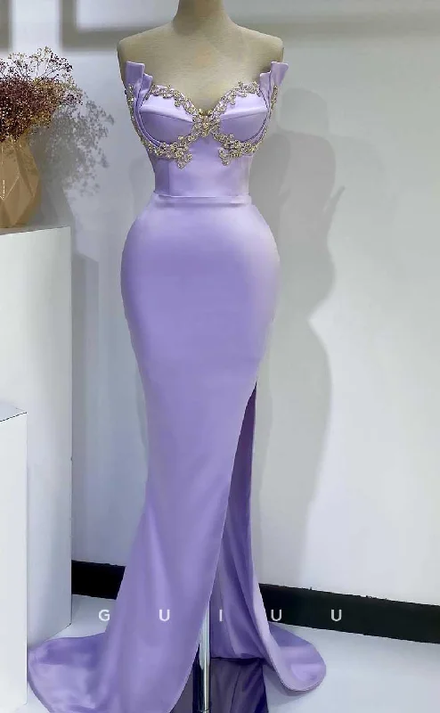 G4544 - Chic & Modern Mermaid Strapless Purple Stain Pleats Crystal Prom Party Dress with Slit and Train Tunics Brand named