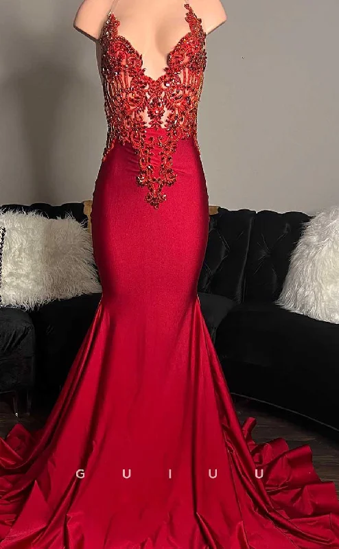 G4577 -  Classic & Timeless V Neck Appliques Beaded Stain Red Prom Evening Dress with Slit Tunics Formal black