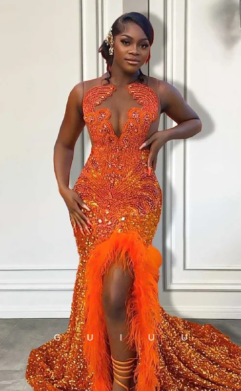 G4581 - Sexy & Hot Mermaid V Neck Sleeveless Orange Fully Sequined Feather Slit and Court Train Prom Party Dress for Black Girl Slay Chiffon Maxi Beach G4581 - Sexy & Hot Mermaid V Neck Sleeveless Orange Fully Sequined Feather Slit and Court Train Prom Party Dress for Black Girl Slay Chiffon Maxi Beach