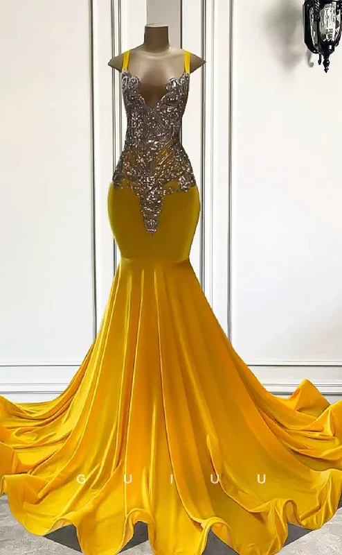 G4589 - Chic & Modern Straps Sleeveless Crystal Yellow Velvet Court Train Prom Party Dresss Tunics Travel practical