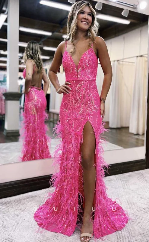 G4623 - Sexy & Hot V Neck Straps Sleeveless High Side Slit Prom Party Dress with Feather for Black Girl Slay Tunics Canvas sturdy