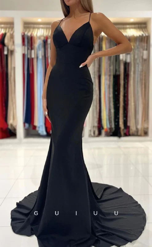 G4647 -  Mermaid Strapless Strpas Sleeveless Black Prom Evening Dress with Train Satin Halter Glamorous