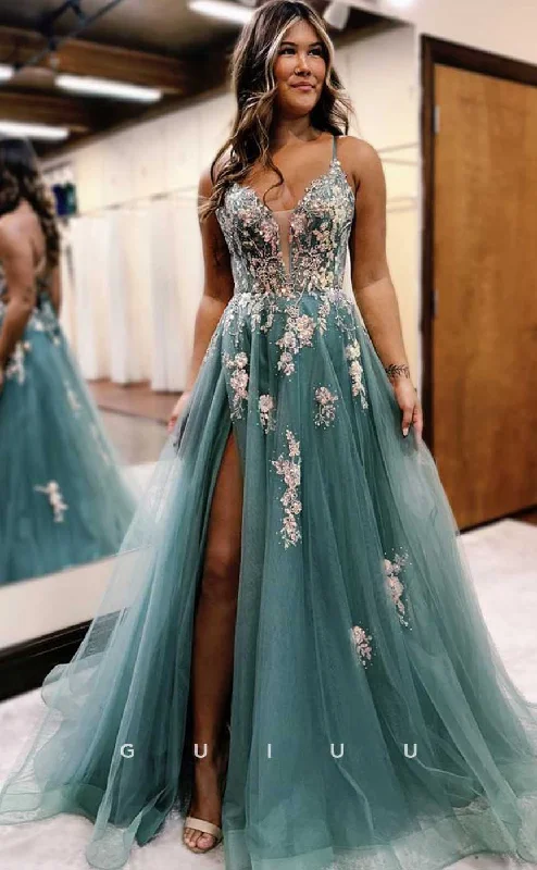 G4662 -  Chic & Modern A-Line Strapless Straps Sleeveless Appliques Criss-Cross Straps Tulle Prom Evening Dress with Slit Tunics Chic elegant