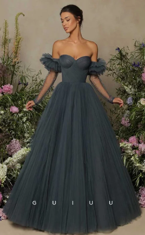 G4666 - A-Line Off Shoulder Straps Long Sleeves Pleats Backless Tulle Prom Party Dress Tunics Essential wardrobe