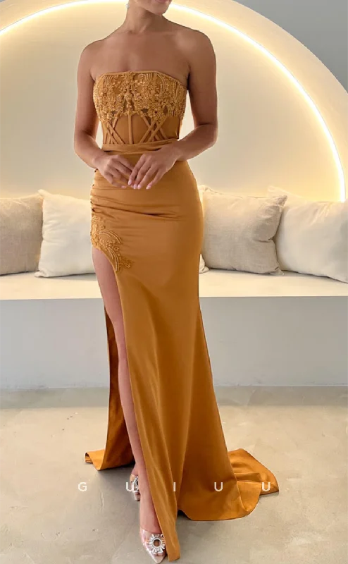G4707 - Sheath Strapless Sleeveless Criss Cross Straps High Side Slit Formal Evening Dress Bodycon Fitted Nightout G4707 - Sheath Strapless Sleeveless Criss Cross Straps High Side Slit Formal Evening Dress Bodycon Fitted Nightout