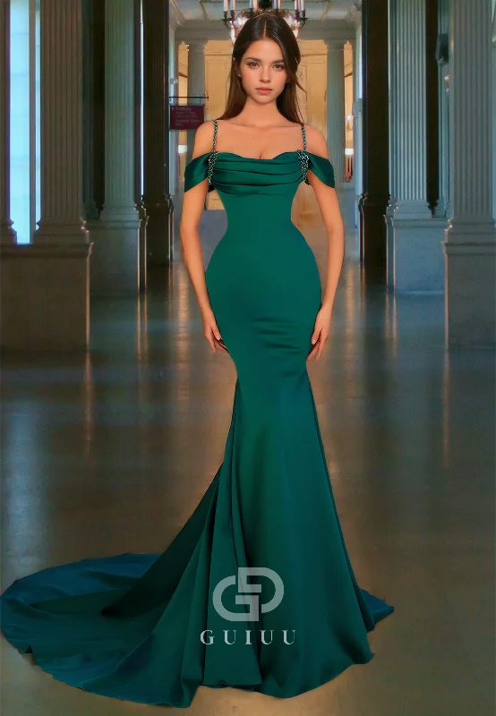 Mermaid Pleated Dark Green Prom Dress Sweep Train Evening Dress with Beads Turtleneck Neckline Stylish Mermaid Pleated Dark Green Prom Dress Sweep Train Evening Dress with Beads Turtleneck Neckline Stylish