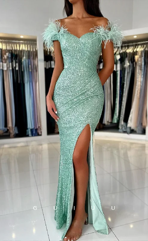 G2544 - Classic Sheath Sequins Off-Shoulder Feather Long Prom Evening Dresses Tunics Polka dots