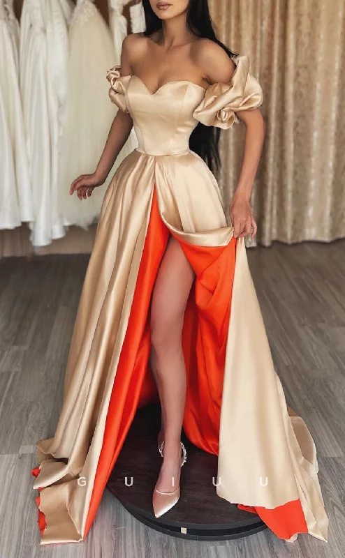 G2549 -  Classic & Timeless Off-Shoulder Satin Long Prom Evening Dresses With Slit Turtleneck Neckline Stylish