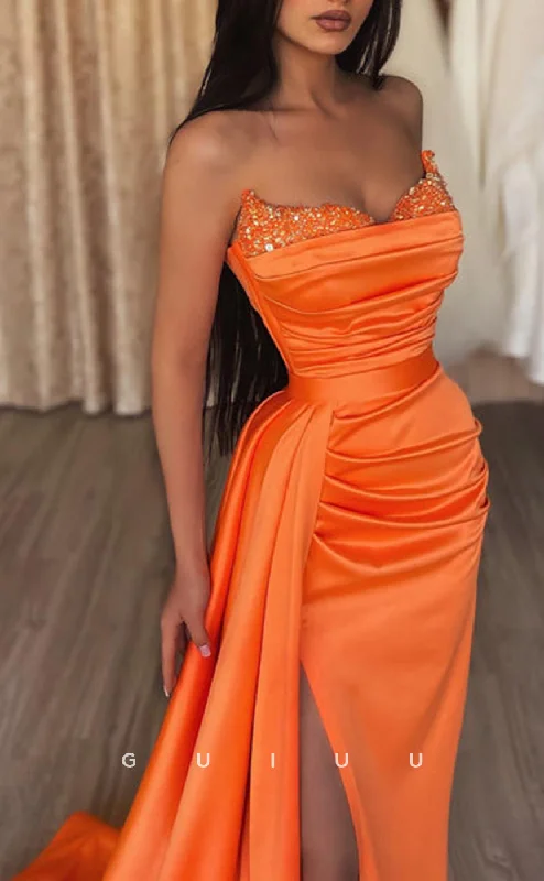 G2551 - Sexy Fitted Sequins Strapless Ruched Long Prom Evening Dresses With Train sweetheart Neckline Romantic