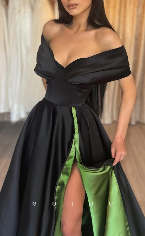 G2553 - Chic & Modern Off-Shoulder Two Tone Long Prom Evening Dresses With Slit Crew Neckline Sporty