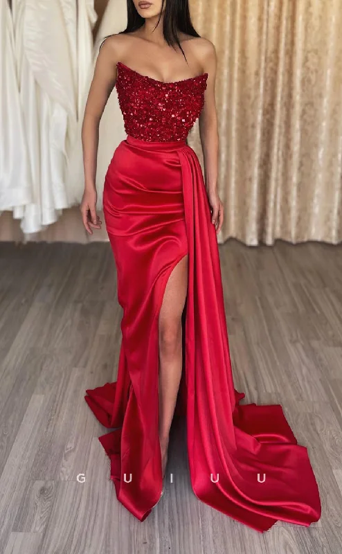 G2554 -  Classic & Fitted Red Sequins Ruched Long Prom Evening Dresses With Train Cowl Neckline Elegant