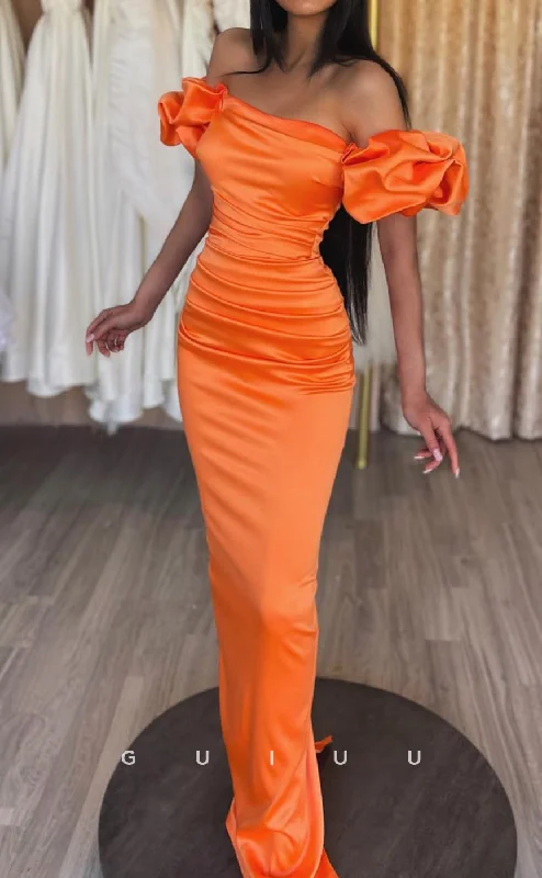 G2555 - Chic & Modern Off-Shoulder Ruched Orange Long Prom Evening Party Dresses Square Neckline Feminine