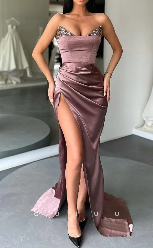 G2581 - Chic & Modern Strapless Sequins Ruched Long Prom Evening Dresses With Slit Tunics Sale discount