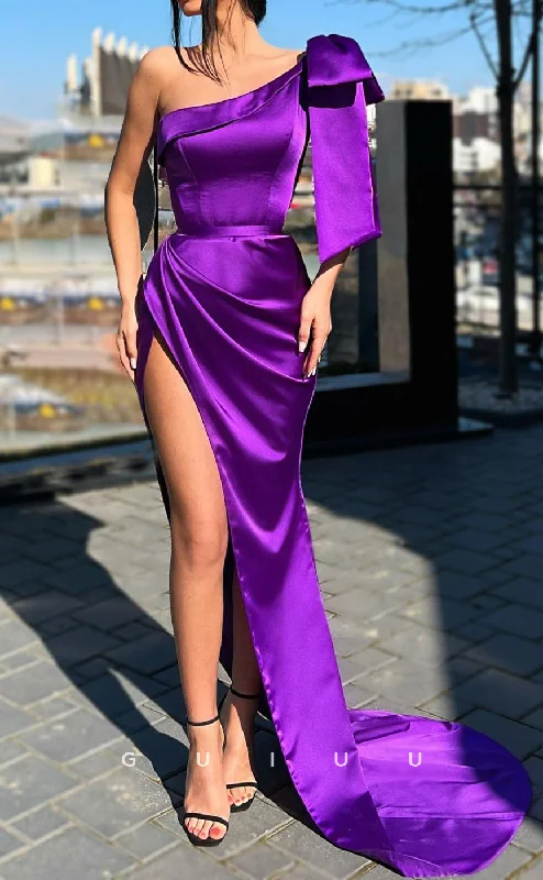 G2594 - Classic & Timeless One Shoulder Satin Purple Long Prom Evening Dresses Tunics Office stylish