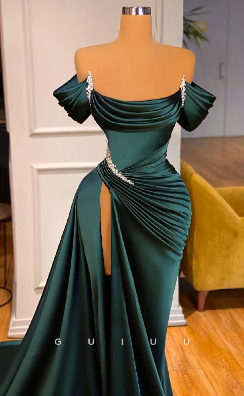 G2603 - Chic & Modern Off-Shoulder Beaded Satin Ruched Long Prom Evening Dress With Train Tunics Velvet soft