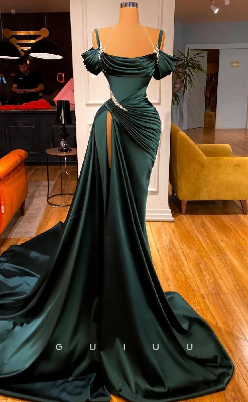 G2605 - Elegant & Luxurious Beaded Straps Ruched Satin Prom Evening Dress With Train Tunics Luxurious premium G2605 - Elegant & Luxurious Beaded Straps Ruched Satin Prom Evening Dress With Train Tunics Luxurious premium
