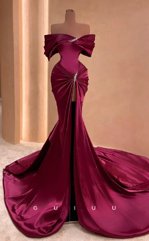 G2606 - Elegant & Luxurious Off-Shoulder Beaded Satin Prom Evening Dress With Slit Tunics Plaid country