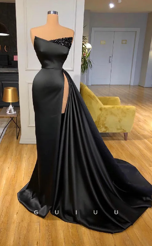 G2607 - Chic & Modern Satin Sequins Ruched Black Long Prom Evening Dress With Slit Tunics Print Colorful