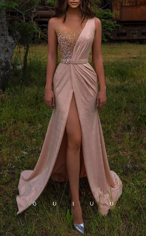 G2614 - Chic & Modern Beaded Illusion Ruched Long Prom Evening Party Dress With Slit Tunics Fashionable trendy