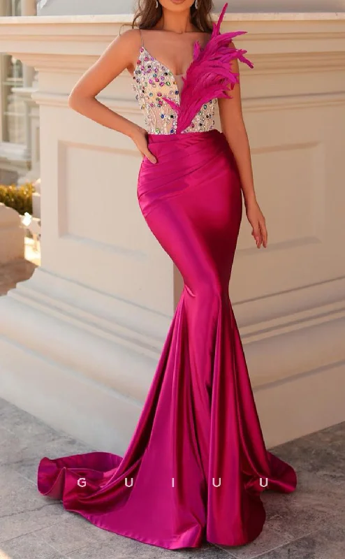 G2661 - Chic & Modern Beaded Straps Sheer Prom Evening Party Dress With Feather Mermaid Tail Wedding