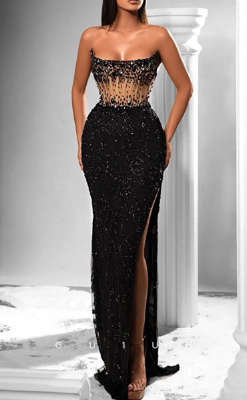 G2665 - Sexy & Fitted Black Strapless Beaded Sheer Long Prom Evening Party Dress Tunics Fashionable trendy G2665 - Sexy & Fitted Black Strapless Beaded Sheer Long Prom Evening Party Dress Tunics Fashionable trendy