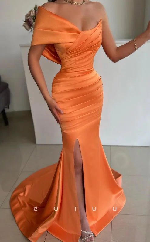 G2676 - Chic & Modern One Shoulder Ruched Orange Prom Evening Party Dress Tunics Fashionable trendy