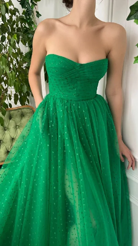 G2704 - Chic & ModernA-Line Strapless Sequins Green Ball Gown Porm Evening Dress Tunics Modern contemporary