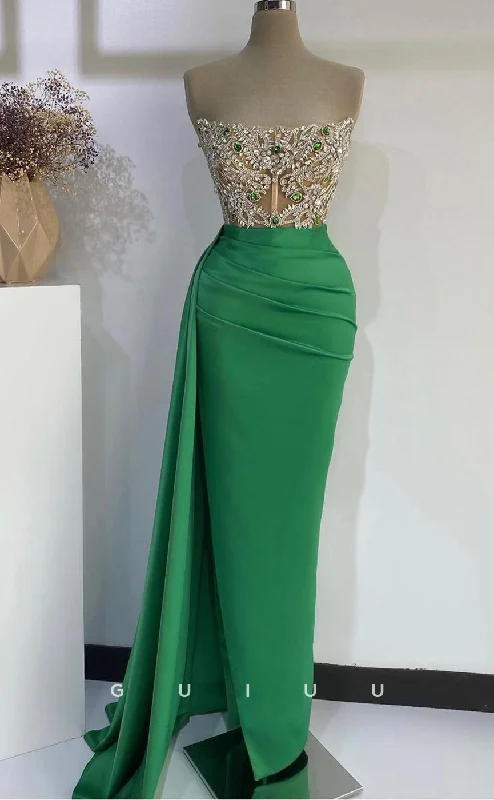 G2719 - Elegant & Luxurious Beaded Strapless Sheer Green Long Porm Evening Dress Tunics Mesh breathable