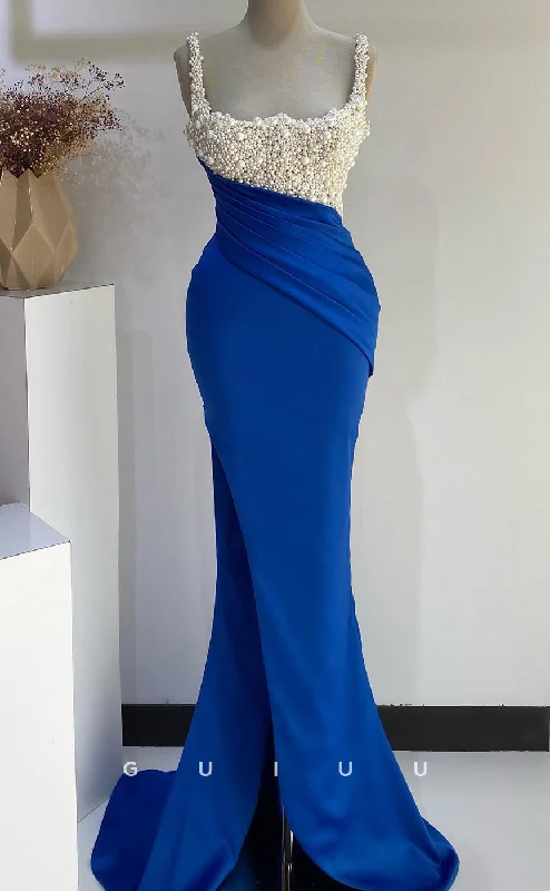 G2727 - Elegant & Luxurious Pearl Beaded Straps Royal BluePorm Evening Dress Tunics Long Elegant