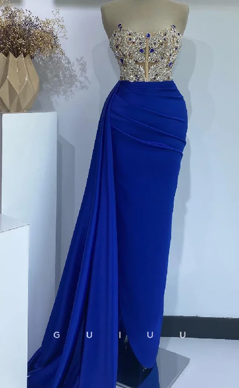 G2728 - Elegant & Luxurious Beaded Strapless Royal Blue Long Porm Evening Dress Tunics Top Casual