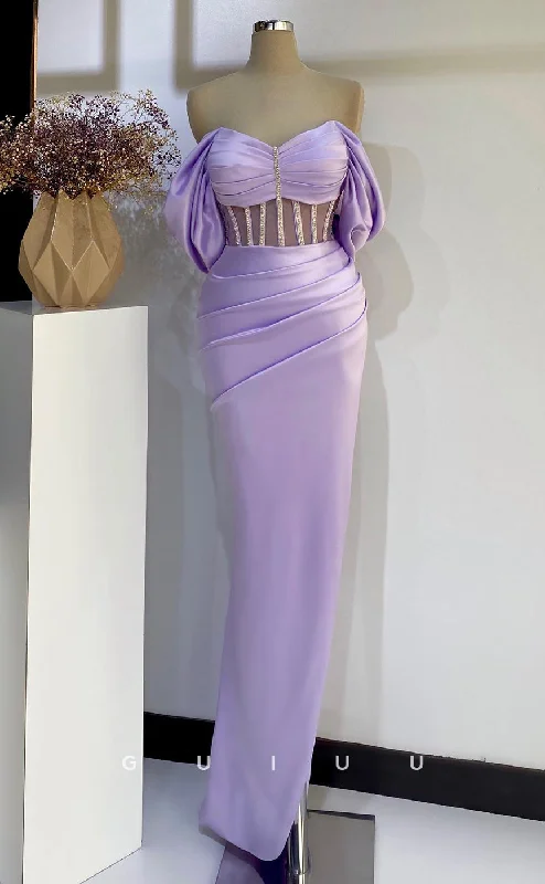 G2729 - Chic & Modern Off-Shoulder Ruched Beaded Lavender Porm Evening Dress Turtleneck Neckline Stylish