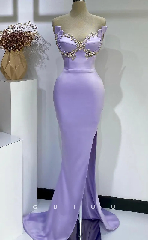 G2730 - Chic & Modern Mermiad Beaded Strapless Lavender Long Porm Evening Dress sweetheart Neckline Romantic