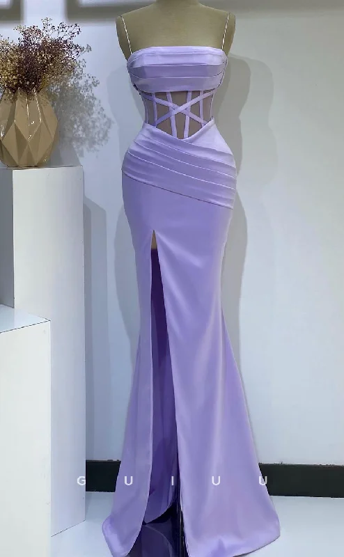 G2731 - Chic & Modern Straps Ruched Sheer Lavender Long Porm Evening Dress Crew Neckline Casual