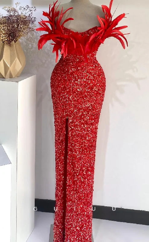 G2734 - Chic & Modern Glitter Sequins Strapless Feather Red Long Porm Evening Dress Off-the-shoulder Chic Trendy