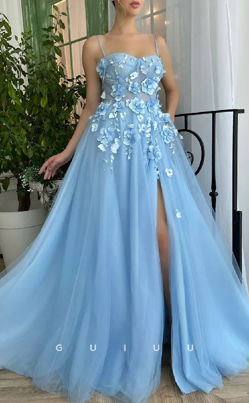 G2738 - Elegant & Simple Sweetheart Spaghetti Straps Floral Embossed Blue Prom Evening Dress Pleated Skirt Elegant