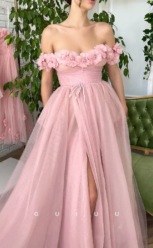 G2739 - Chic & Modern Off-Shoulder Floral Embossed Tulle Pink Prom Evening Dress Mermaid Tail Wedding