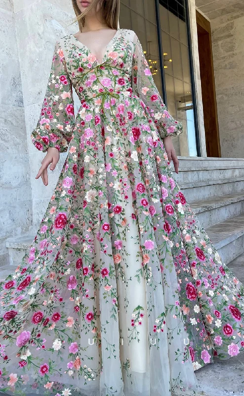 G2740 - Elegant Floral A-Line V-Neck Applique Tulle Long Sleeves Prom Evening Dress Off-the-shoulder Bohemian Festive