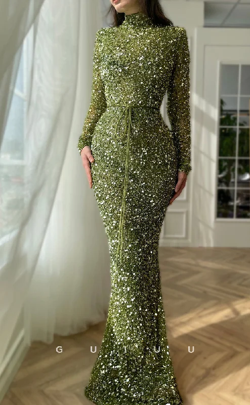 G2742 - Sexy & Fitted Sparkle Mermaid Sequins High Neck Green Long Porm Evening Dress Lace Sexy Club