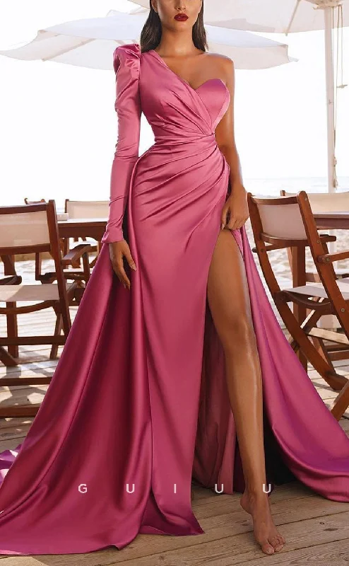 G2748 - Chic & Modern Satin One Shoulder Long Sleeves Prom Evening Dress With Train Tunics Luxurious high-end