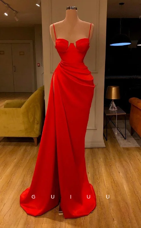 G2750 - Sexy & Fitted Straps Red Satin Ruched Long Prom Evening Dress Tunics Sophisticated sleek