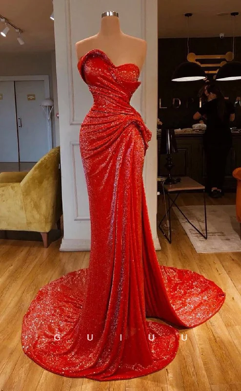 G2752 - Chic & Modern Glitter Strapless Ruched Red Long Prom Evening Dress Tunics Fashionable trendy