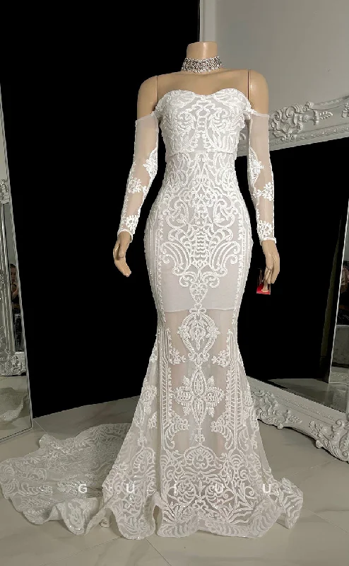 G2754 - Elegant Off-Shoulder Mermiad Lace Sheer Prom Evening Dress With Train Tunics Luxurious premium