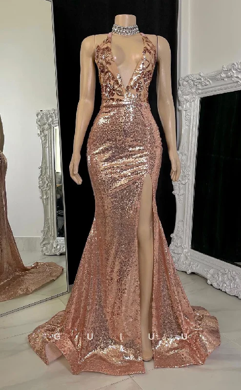 G2757 - Sexy & Mermaid Glitter V-Neck Sequins Sheer Long Night Prom Evening Dress Tunics Versatile stylish