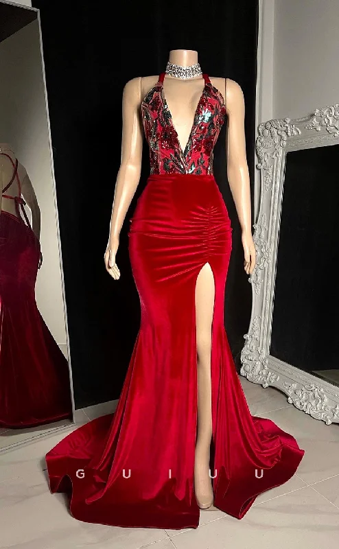 G2760 - Sexy & Fitted Sequins V-Neck Red Velvet Long Prom Evening Dress Tunics Review highly