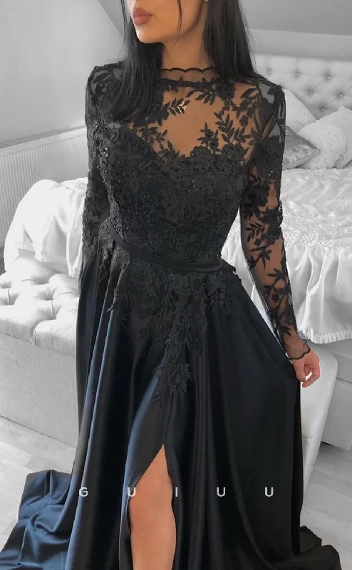 G2762 - Sexy & Hot A-Line Lace Applique Illusion Black Long Prom Evening Dress Tunics New arrival