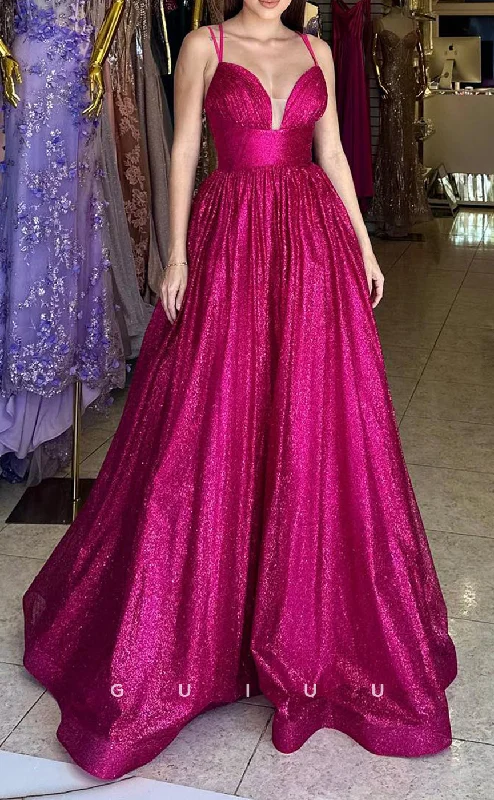 G2767 - A-Line Glitter V-Neck Spaghetti Straps Long Prom Evening Dress Tunics Designer luxury